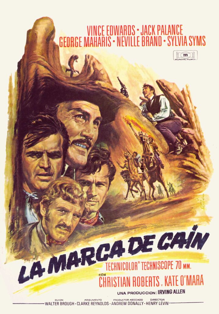 Cartel original de la película La marca de Caín (1969), título español de The Desperados, con ilustraciones de los personajes principales y escenas de acción a caballo.