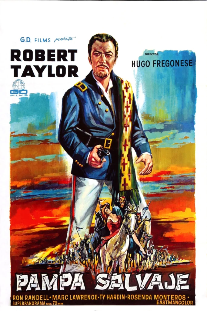 Cartel original de la película Pampa Salvaje (1966), protagonizada por Robert Taylor y dirigida por Hugo Fregonese. Estilo ilustrado, con fondo de atardecer.