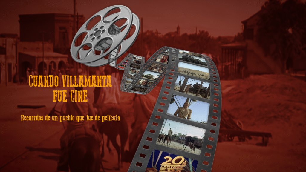 Carrete de película desplegándose sobre fondo rojizo, con imágenes de películas rodadas en Villamanta y el texto “Cuando Villamanta fue Cine”.